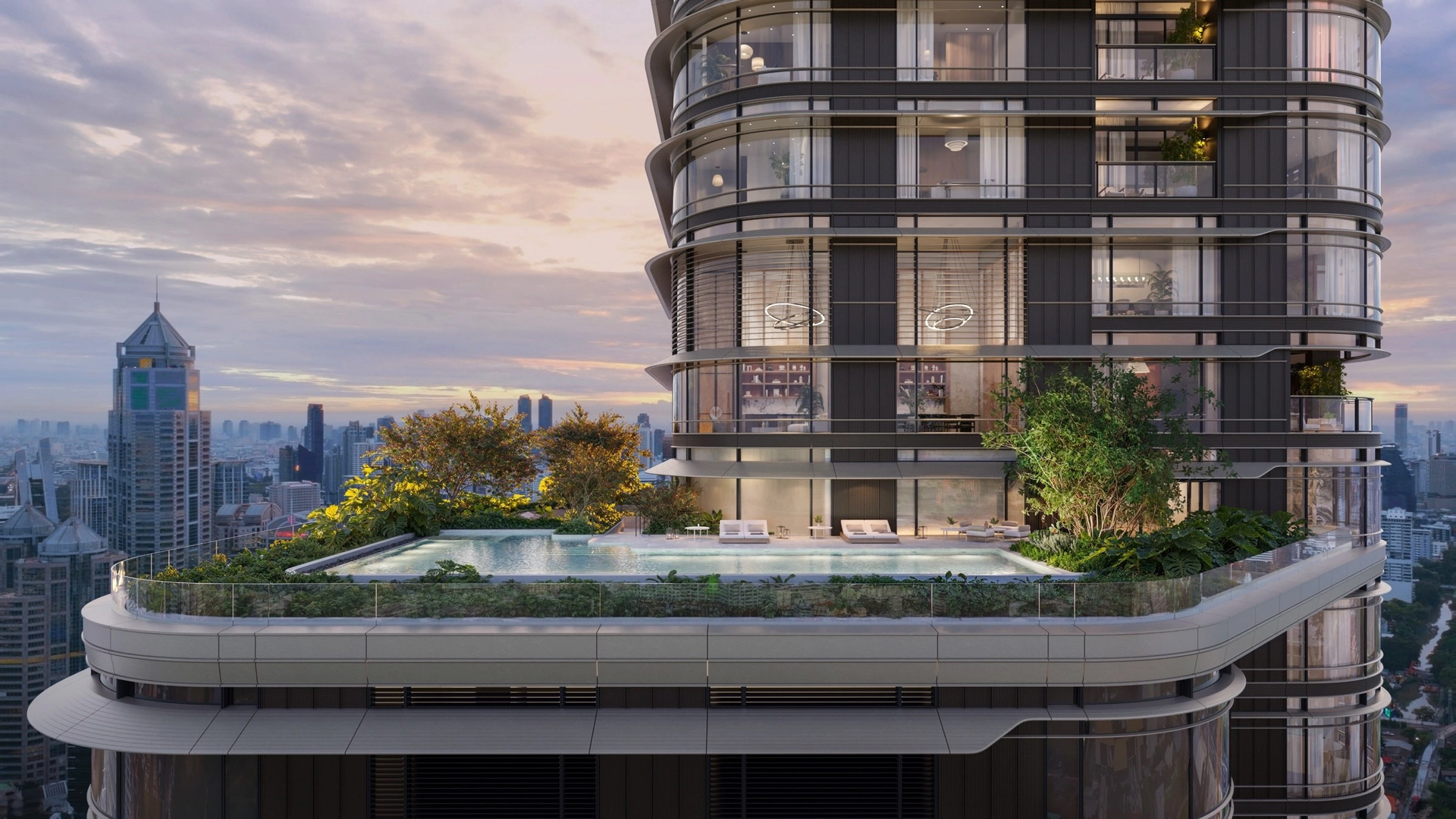 Luxury residential tower with rooftop pool in Bangkok